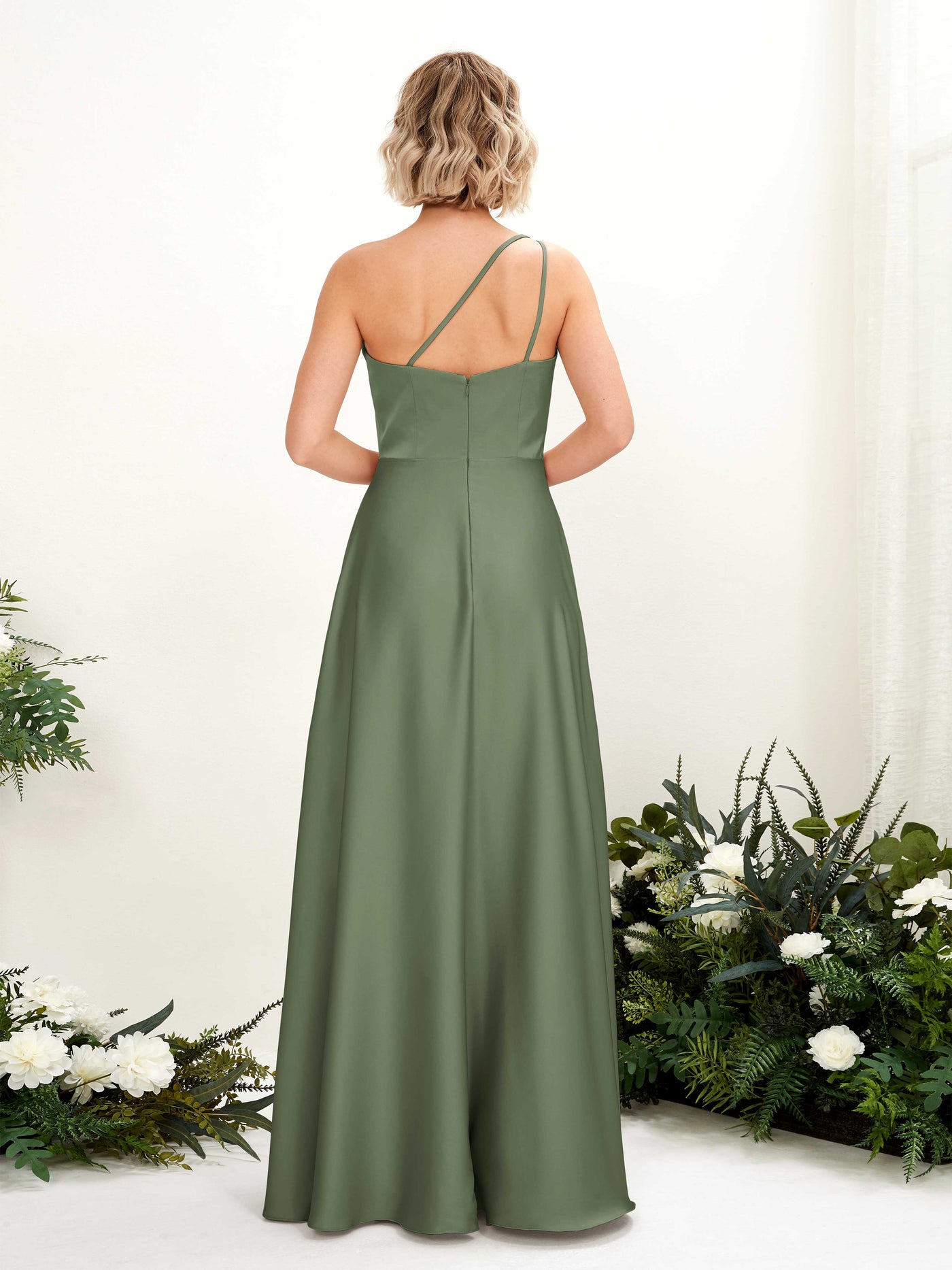 A-line Ball Gown One Shoulder Sleeveless Satin Bridesmaid Dress - Green Olive (80224770)#color_green-olive