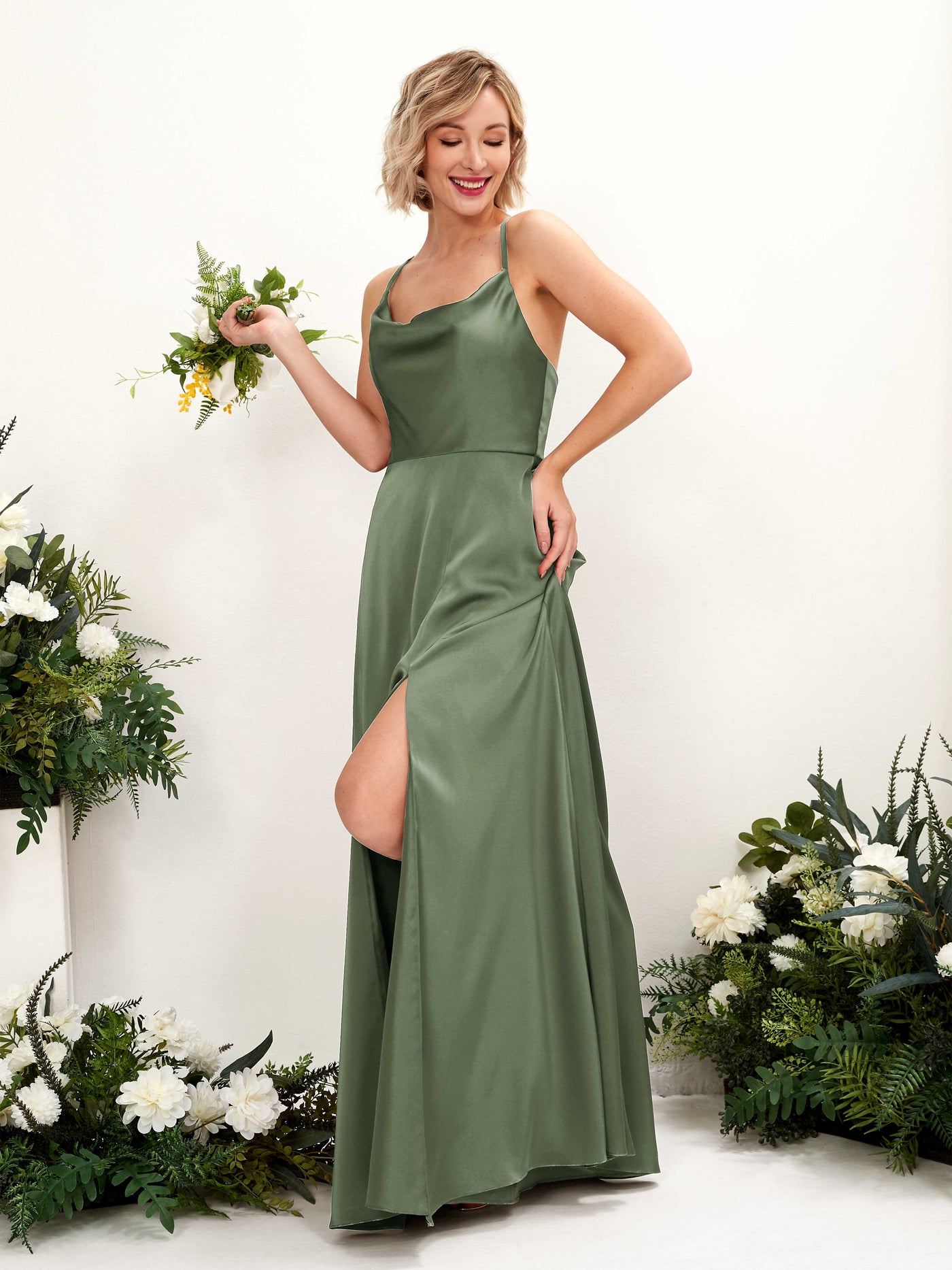 A-line Ball Gown Sexy Slit Straps Satin Bridesmaid Dress - Green Olive (80222270)#color_green-olive