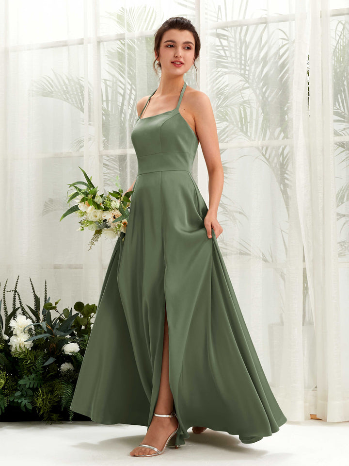 A-line Open back Sexy Slit Halter Bridesmaid Dress - Green Olive (80223970)
