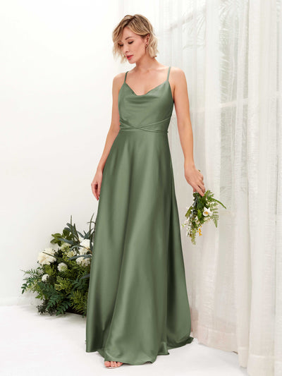 Carlyna Wallis A-Line Green Olive Satin Bridesmaid Dress Maxi Sleeveless Cowl Neck Dress Front View #color_green-olive