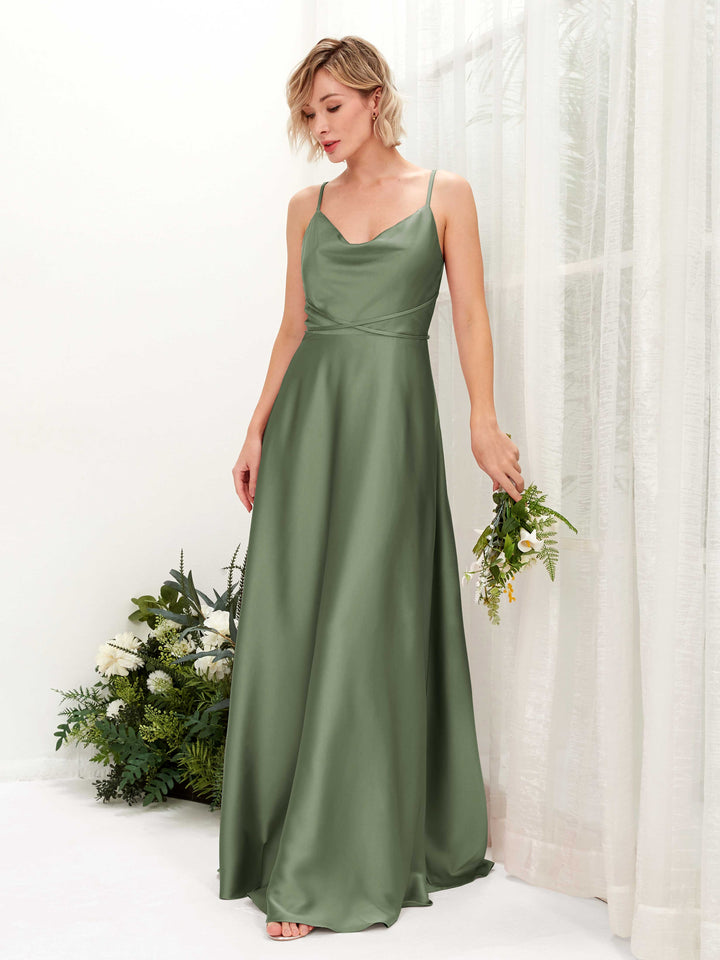 A-line Open back Straps Sleeveless Satin Bridesmaid Dress - Green Olive (80223170)