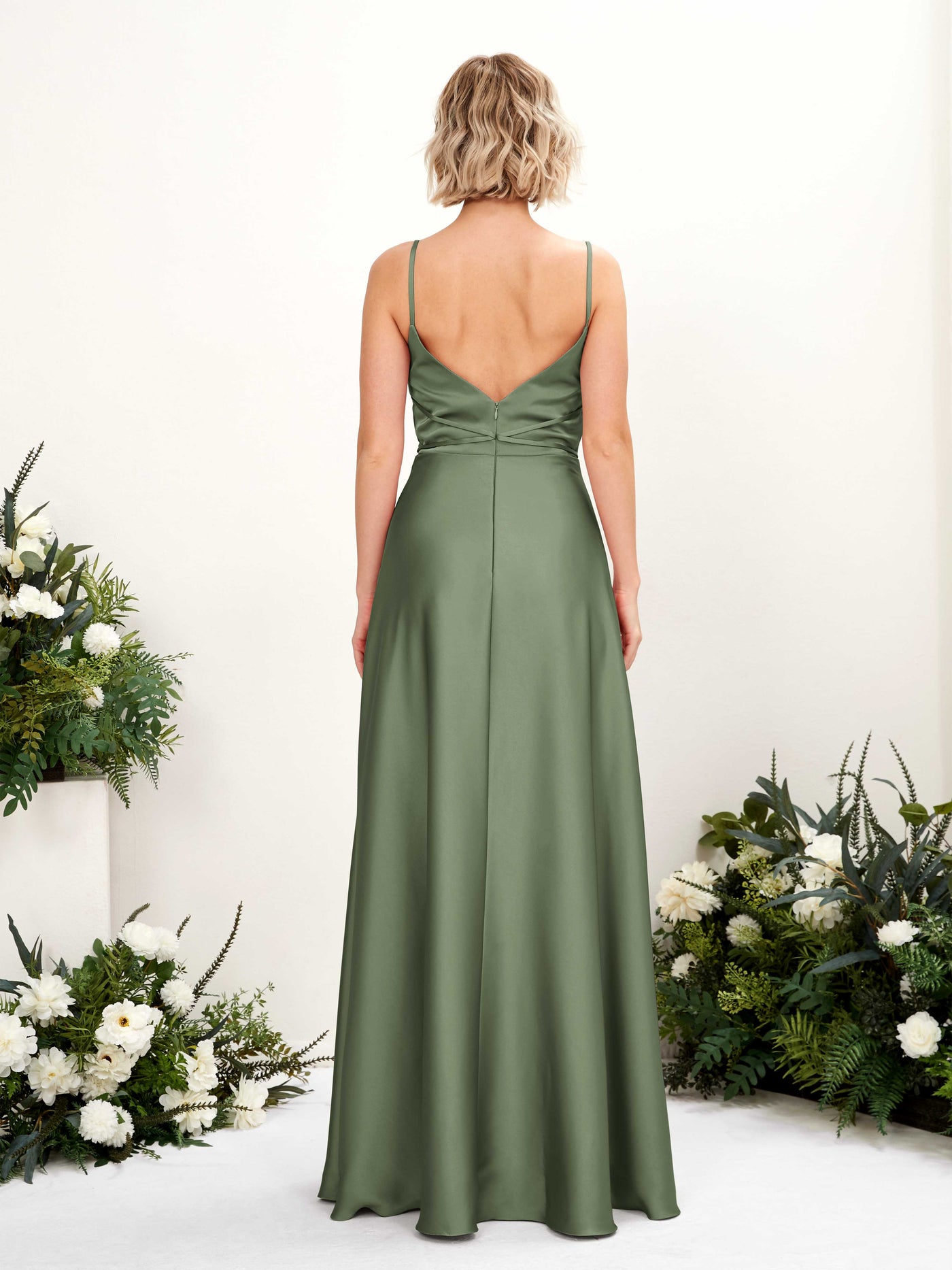 A-line Open back Straps Sleeveless Satin Bridesmaid Dress - Green Olive (80223170)#color_green-olive