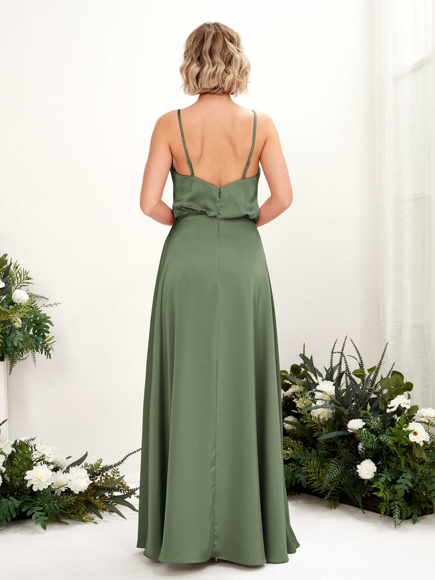 A-line Sexy Slit Spaghetti-straps V-neck Satin Bridesmaid Dress - Green Olive (80224570)#color_green-olive