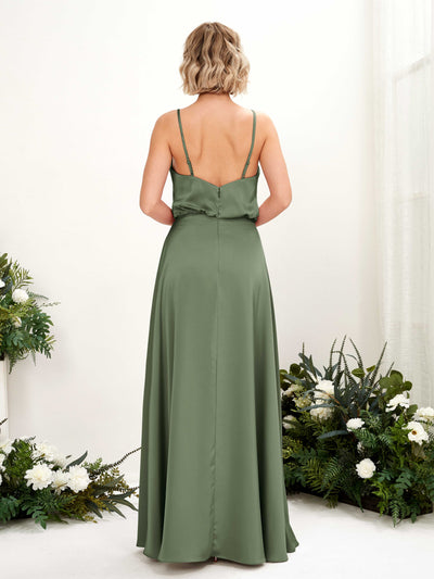 Carlyna Nora A-Line Green Olive Satin Bridesmaid Dress Maxi Sleeveless V-Neck Dress Back View #color_green-olive