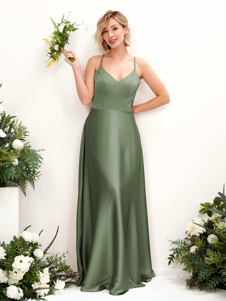 A-line Straps V-neck Satin Bridesmaid Dress - Green Olive (80224870)