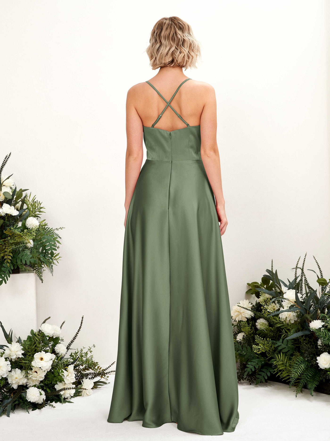 A-line Straps V-neck Satin Bridesmaid Dress - Green Olive (80224870)#color_green-olive