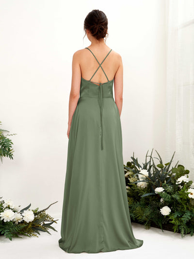 Carlyna Theresa A-Line Green Olive Satin Bridesmaid Dress Maxi Sleeveless Cowl Neck Dress Back View #color_green-olive