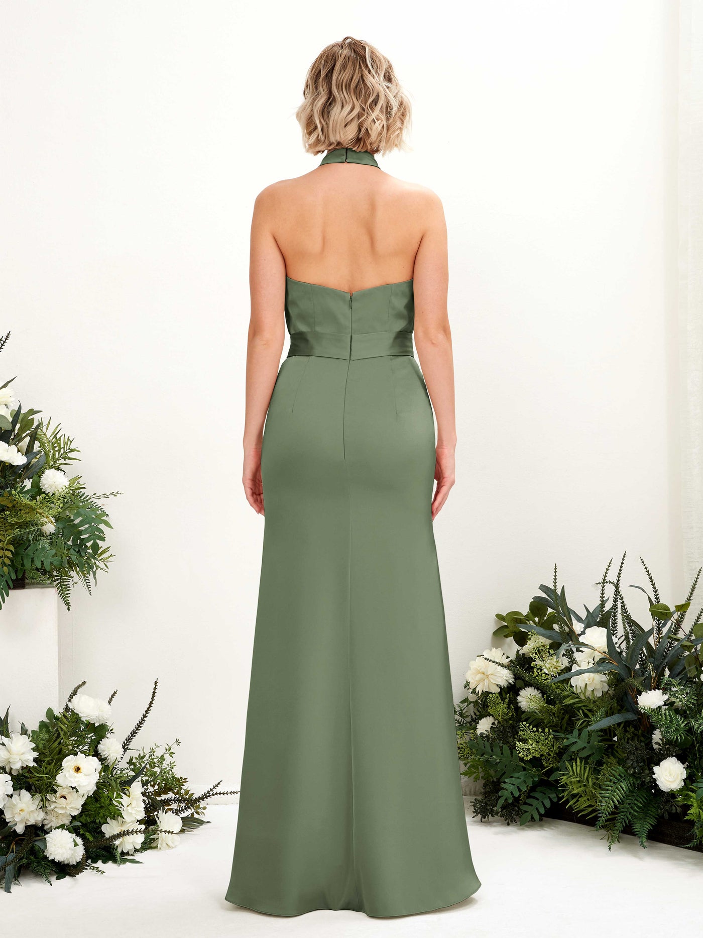 Open back Sexy Slit Halter Satin Bridesmaid Dress - Green Olive (80224970)#color_green-olive