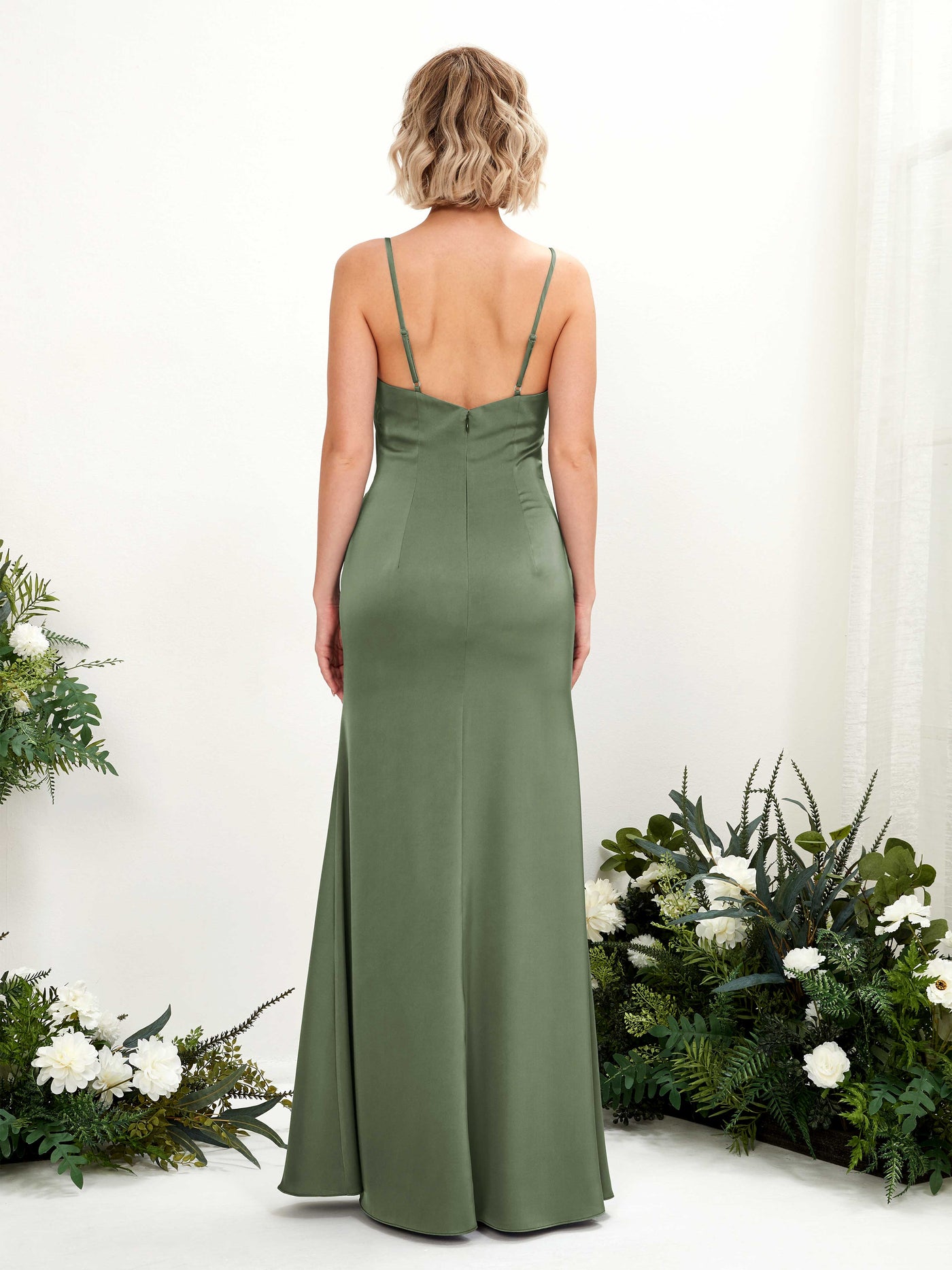 Open back Sexy Slit Straps Satin Bridesmaid Dress - Green Olive (80223070)#color_green-olive