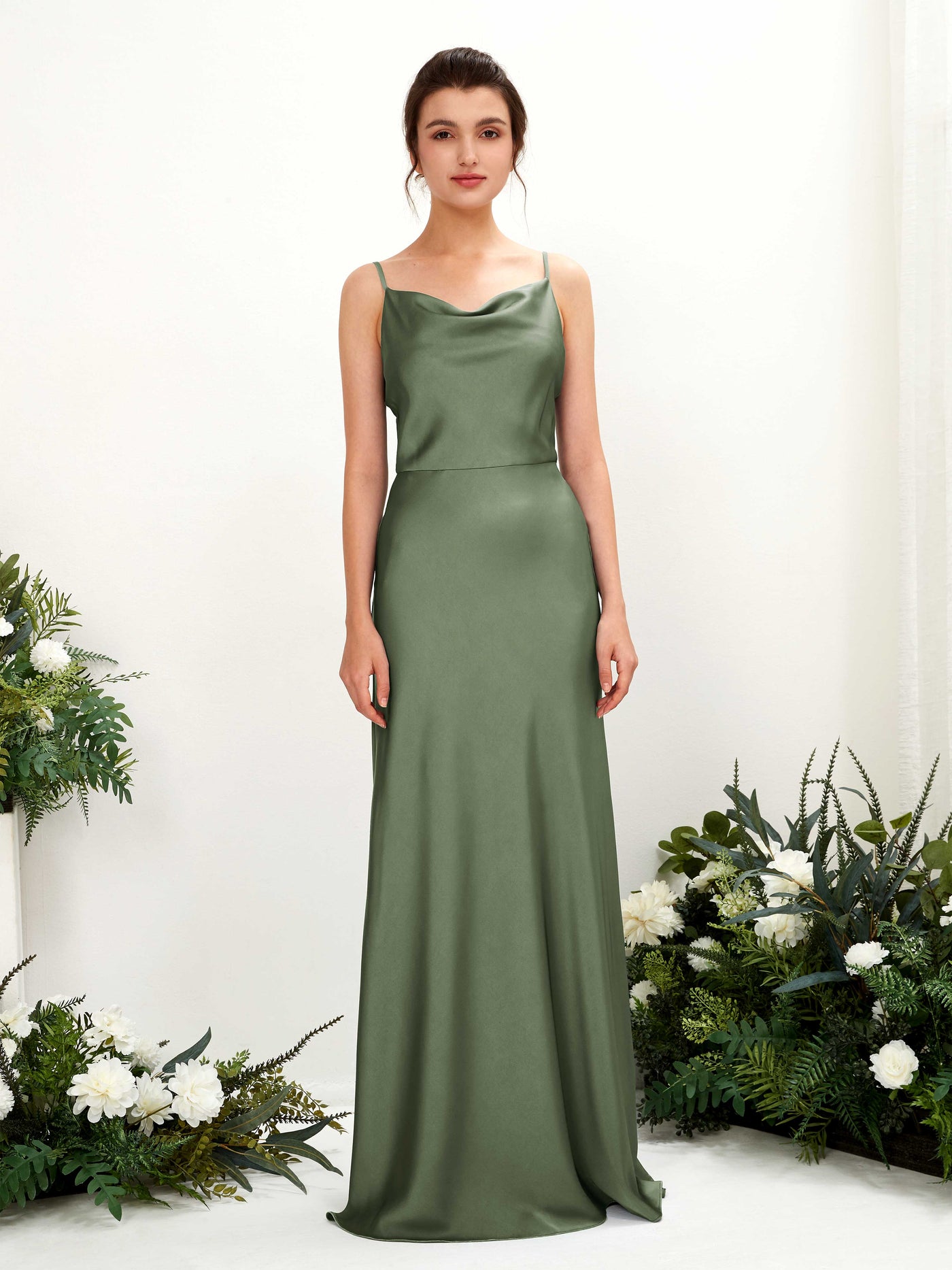 Open back Spaghetti-straps Sleeveless Satin Bridesmaid Dress - Green Olive (80221870)#color_green-olive