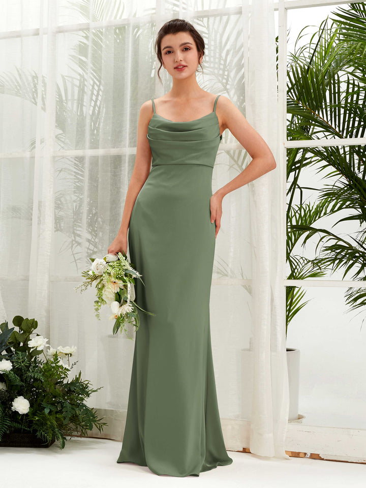 Open back Straps Sleeveless Satin Bridesmaid Dress - Green Olive (80221770)