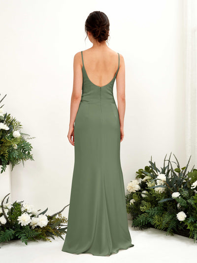 Carlyna Candice Sheath Green Olive Satin Bridesmaid Dress Maxi Sleeveless Cowl Neck Dress Back View #color_green-olive