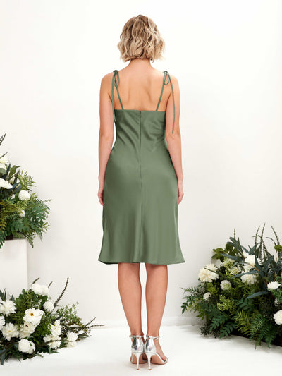 Carlyna Janina Mermaid Green Olive Satin Bridesmaid Dress Knee-Length Sleeveless Cowl Neck Dress Back View #color_green-olive