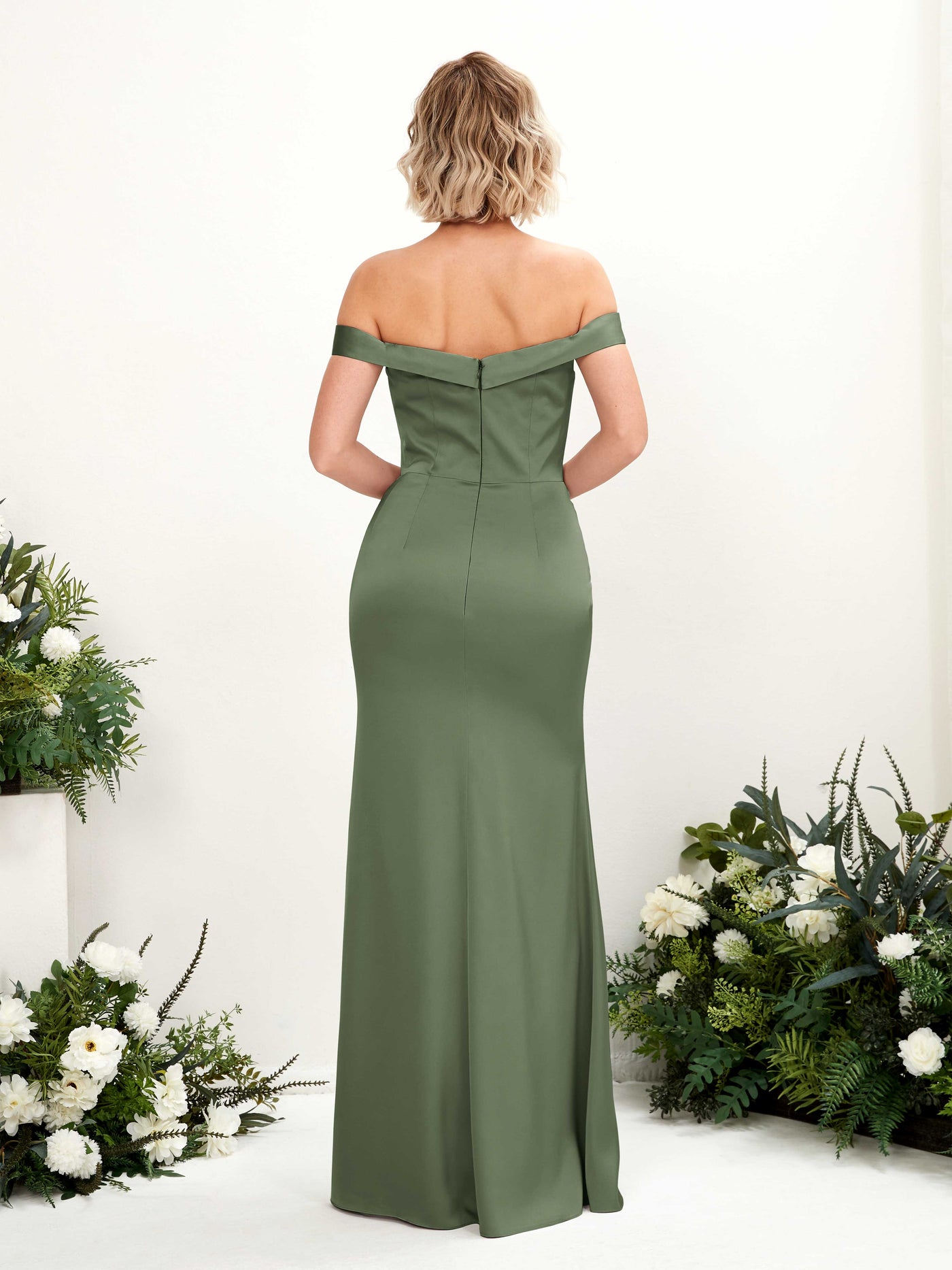 Sexy Slit Off Shoulder Sweetheart Satin Bridesmaid Dress - Green Olive (80223870)#color_green-olive