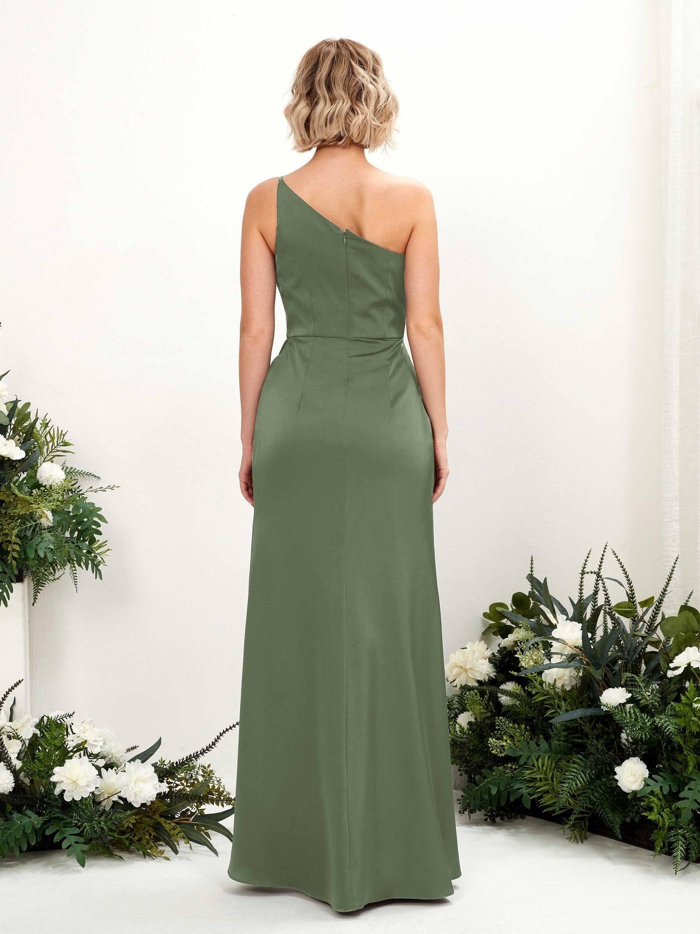 Green Olive Bridesmaid Dresses Bridesmaid Dress Mermaid/Trumpet Satin One Shoulder Full Length Sleeveless Wedding Party Dress (80220570)#color_green-olive