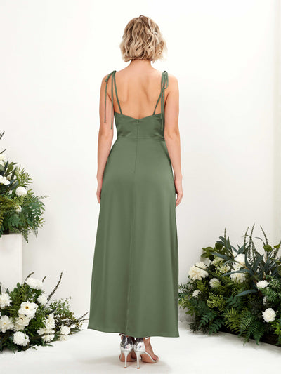 Carlyna Viola Sheath Green Olive Satin Bridesmaid Dress Midi Sleeveless Cowl Neck Dress Back View #color_green-olive