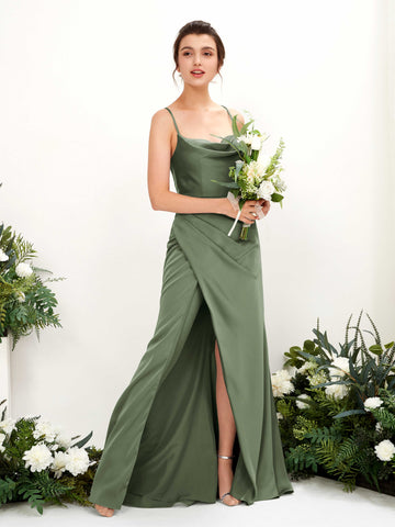 Sexy Slit Straps Sleeveless Satin Bridesmaid Dress - Green Olive (80222470)#color_green-olive