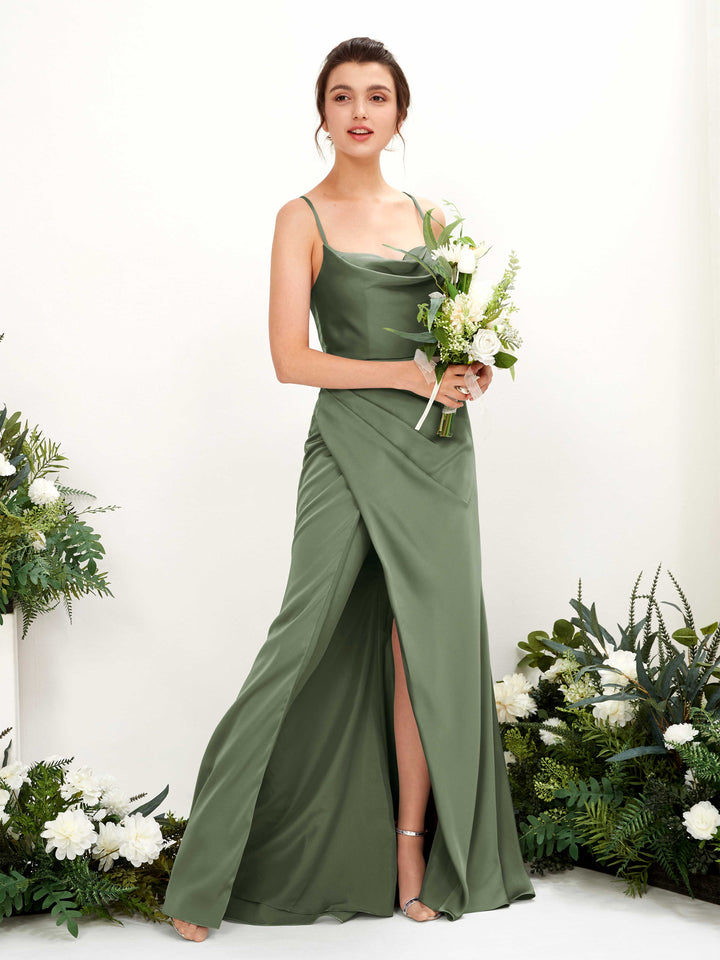 Sexy Slit Straps Sleeveless Satin Bridesmaid Dress - Green Olive (80222470)