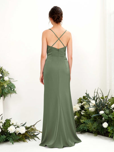 Carlyna Mavis Slim Green Olive Satin Bridesmaid Dress Maxi Sleeveless Cowl Neck Dress Back View #color_green-olive