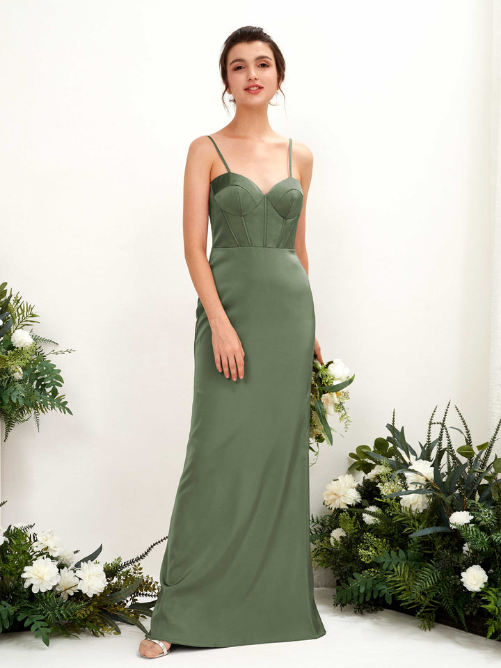 Spaghetti-straps Sweetheart Sleeveless Satin Bridesmaid Dress - Green Olive (80221570)