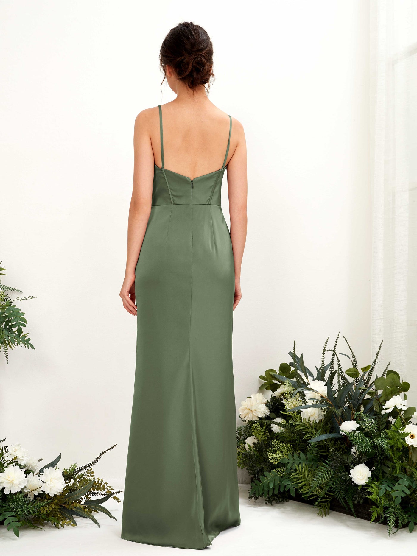 Spaghetti-straps Sweetheart Sleeveless Satin Bridesmaid Dress - Green Olive (80221570)#color_green-olive
