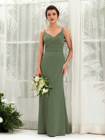 Carlyna Kama Mermaid Green Olive Satin Bridesmaid Dress Maxi Sleeveless V-Neck Dress Front View #color_green-olive