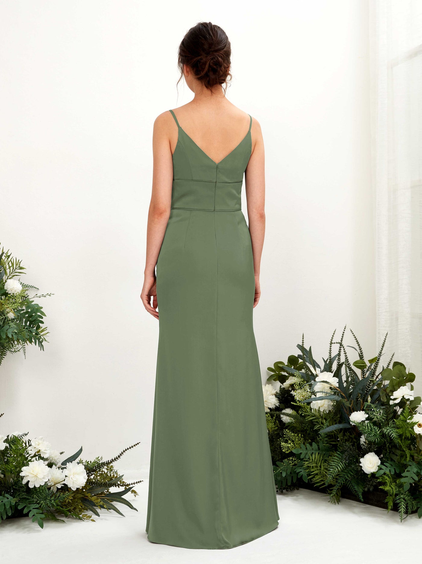 Spaghetti-straps Sweetheart Sleeveless Satin Bridesmaid Dress - Green Olive (80223370)#color_green-olive