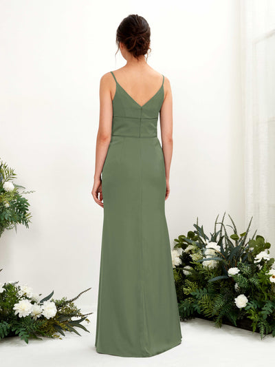 Carlyna Kama Mermaid Green Olive Satin Bridesmaid Dress Maxi Sleeveless V-Neck Dress Back View #color_green-olive