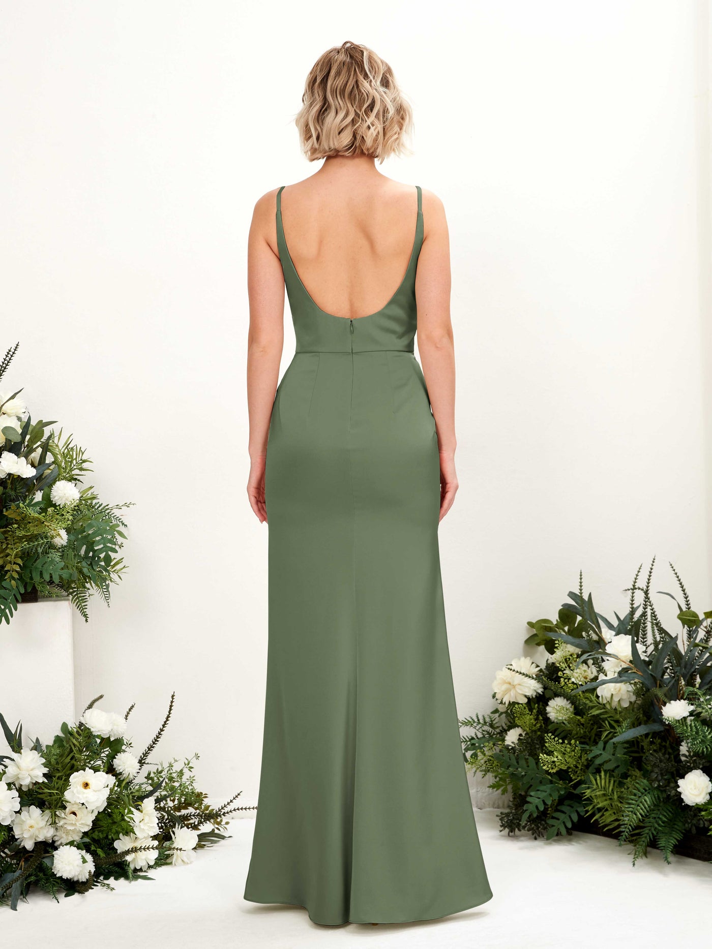 Green Olive Bridesmaid Dresses Bridesmaid Dress Mermaid/Trumpet Satin Spaghetti-straps Full Length Sleeveless Wedding Party Dress (80220770)#color_green-olive