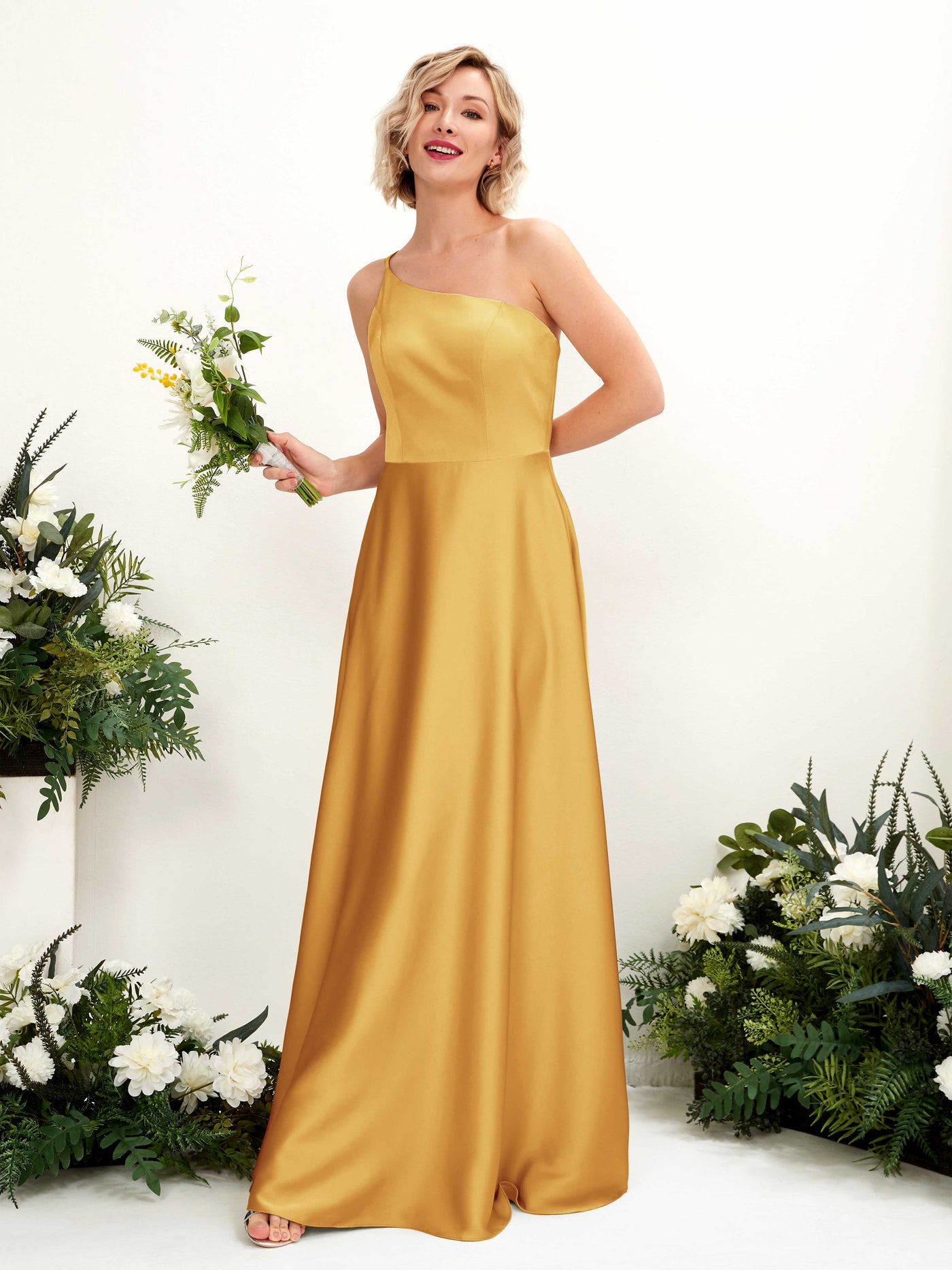 A-line Ball Gown One Shoulder Sleeveless Satin Bridesmaid Dress - Canary (80224731)#color_canary