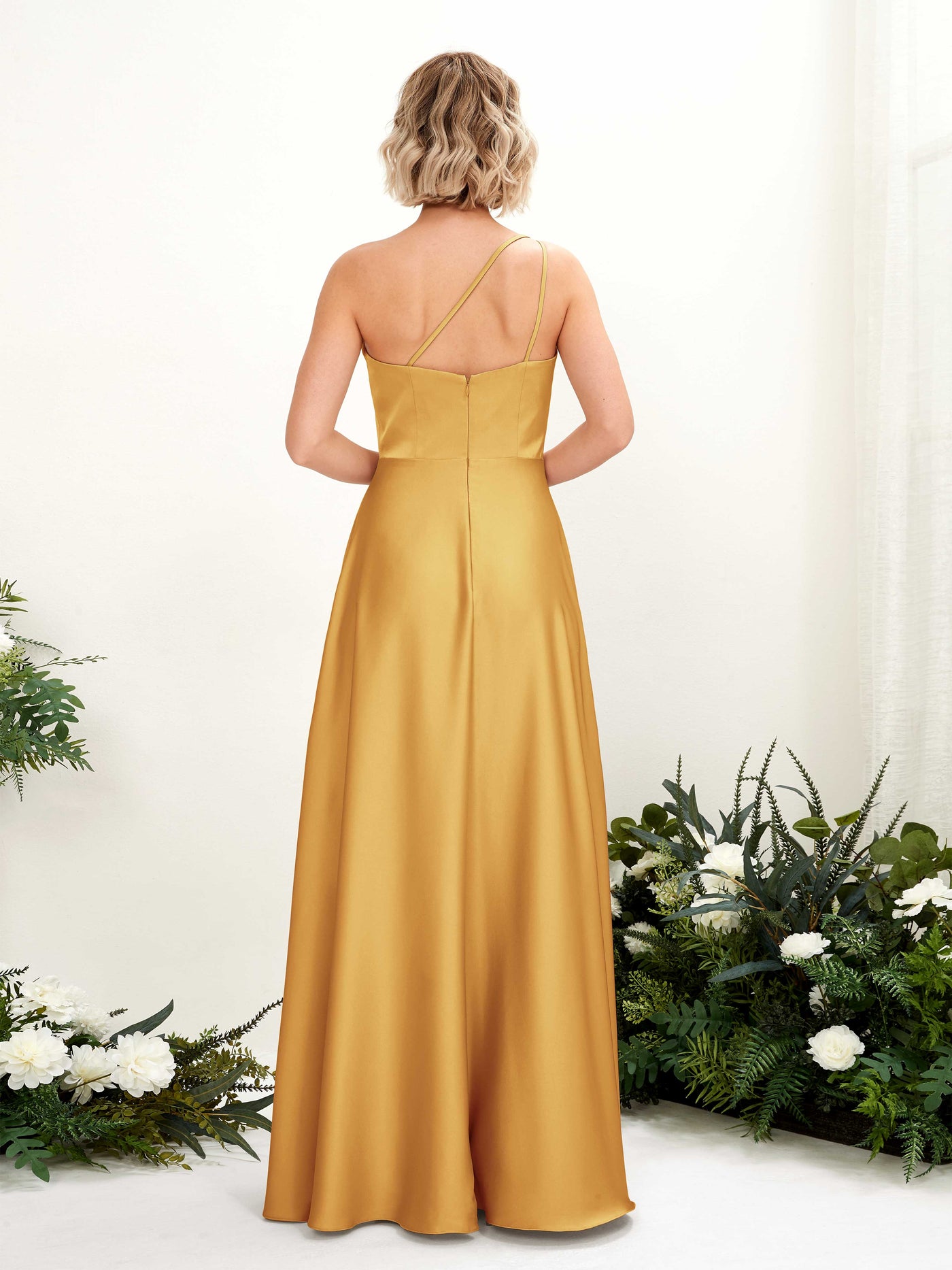 A-line Ball Gown One Shoulder Sleeveless Satin Bridesmaid Dress - Canary (80224731)#color_canary