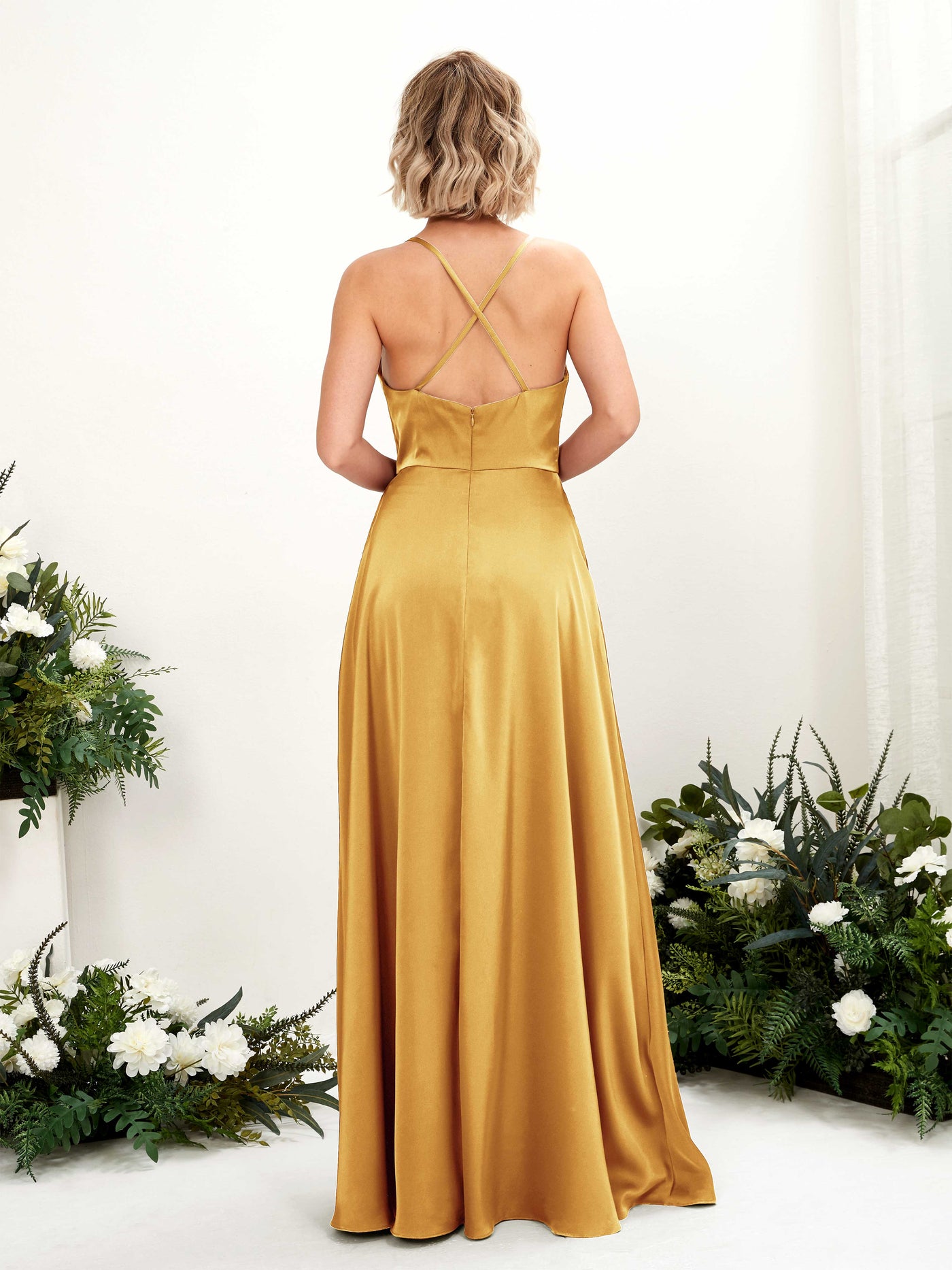 A-line Ball Gown Sexy Slit Straps Satin Bridesmaid Dress - Canary (80222231)#color_canary
