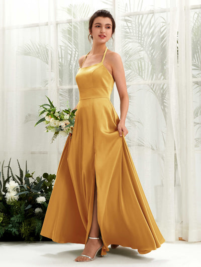Carlyna Jocelyn A-Line Canary Satin Bridesmaid Dress Maxi Sleeveless Halter Dress Front View #color_canary