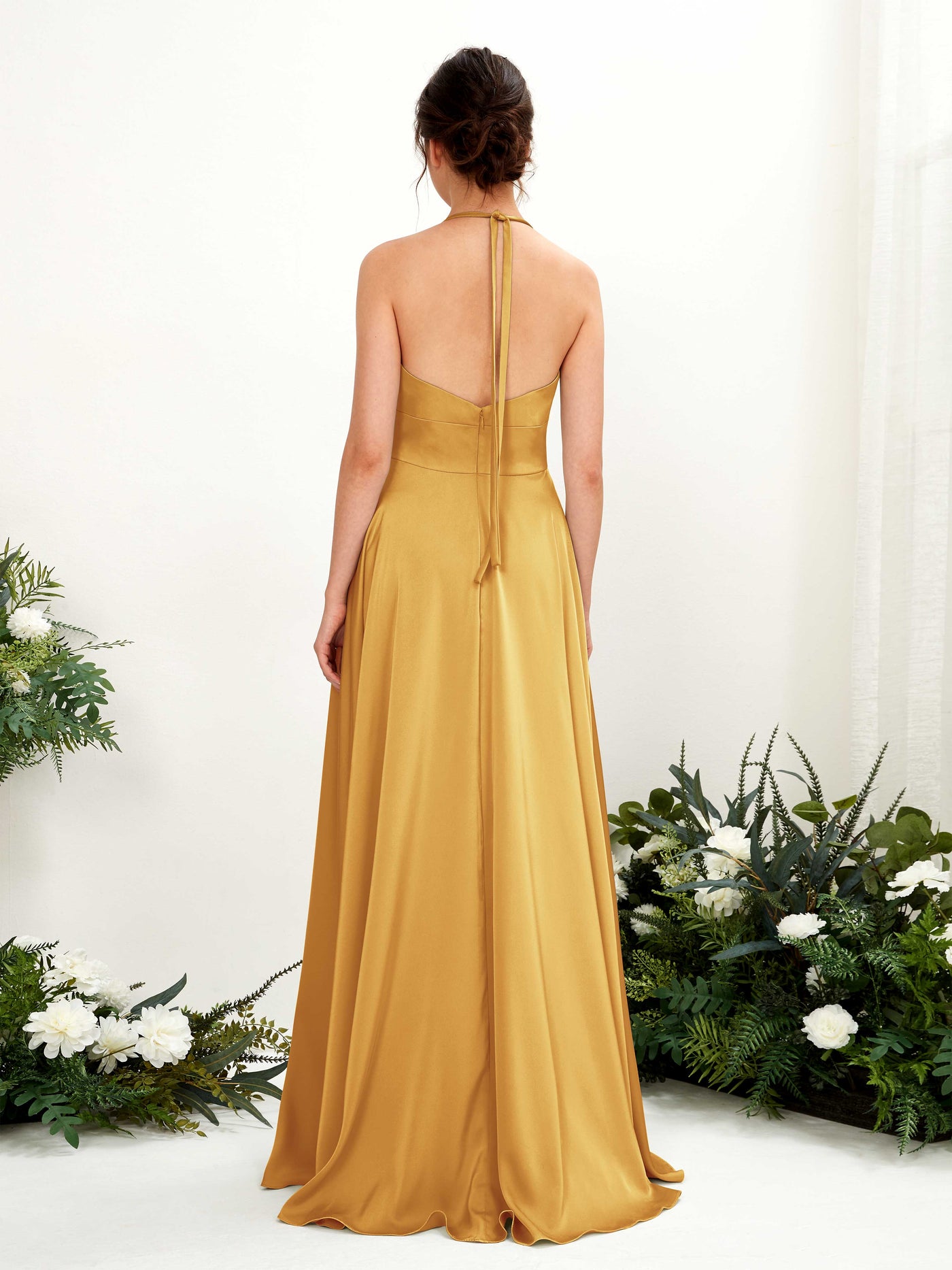 A-line Open back Sexy Slit Halter Bridesmaid Dress - Canary (80223931)#color_canary