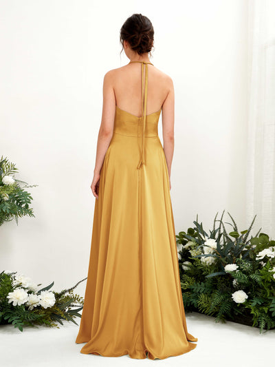 Carlyna Jocelyn A-Line Canary Satin Bridesmaid Dress Maxi Sleeveless Halter Dress Back View #color_canary