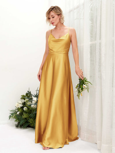 Carlyna Wallis A-Line Canary Satin Bridesmaid Dress Maxi Sleeveless Cowl Neck Dress Front View #color_canary