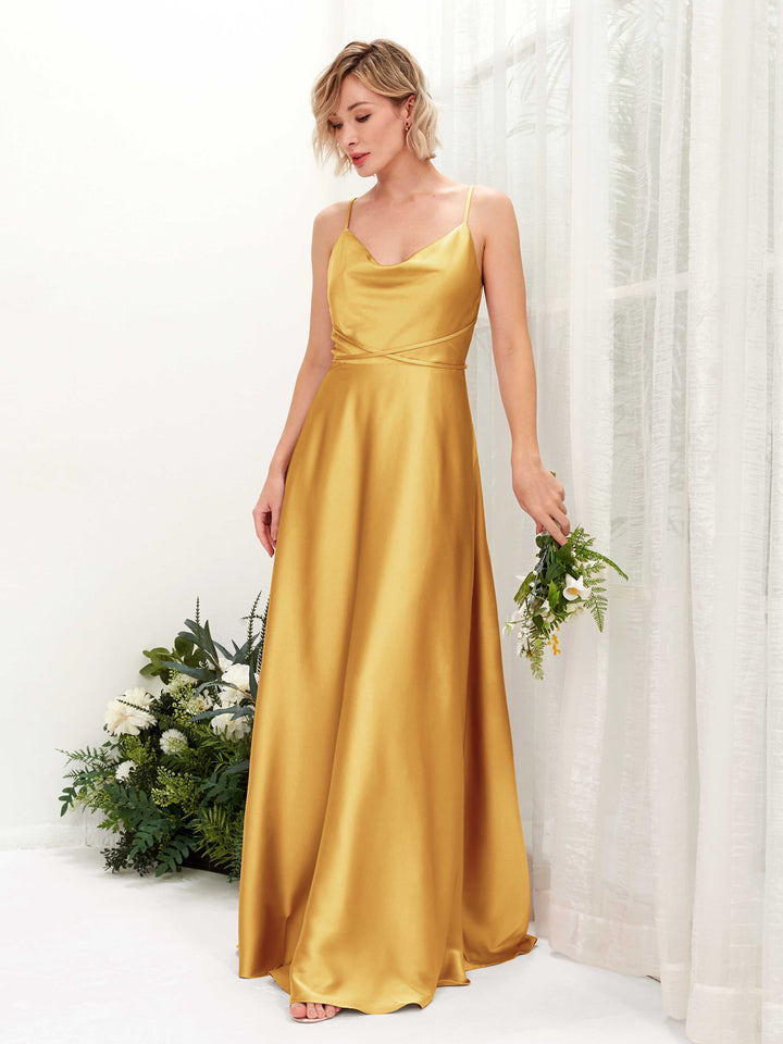 A-line Open back Straps Sleeveless Satin Bridesmaid Dress - Canary (80223131)