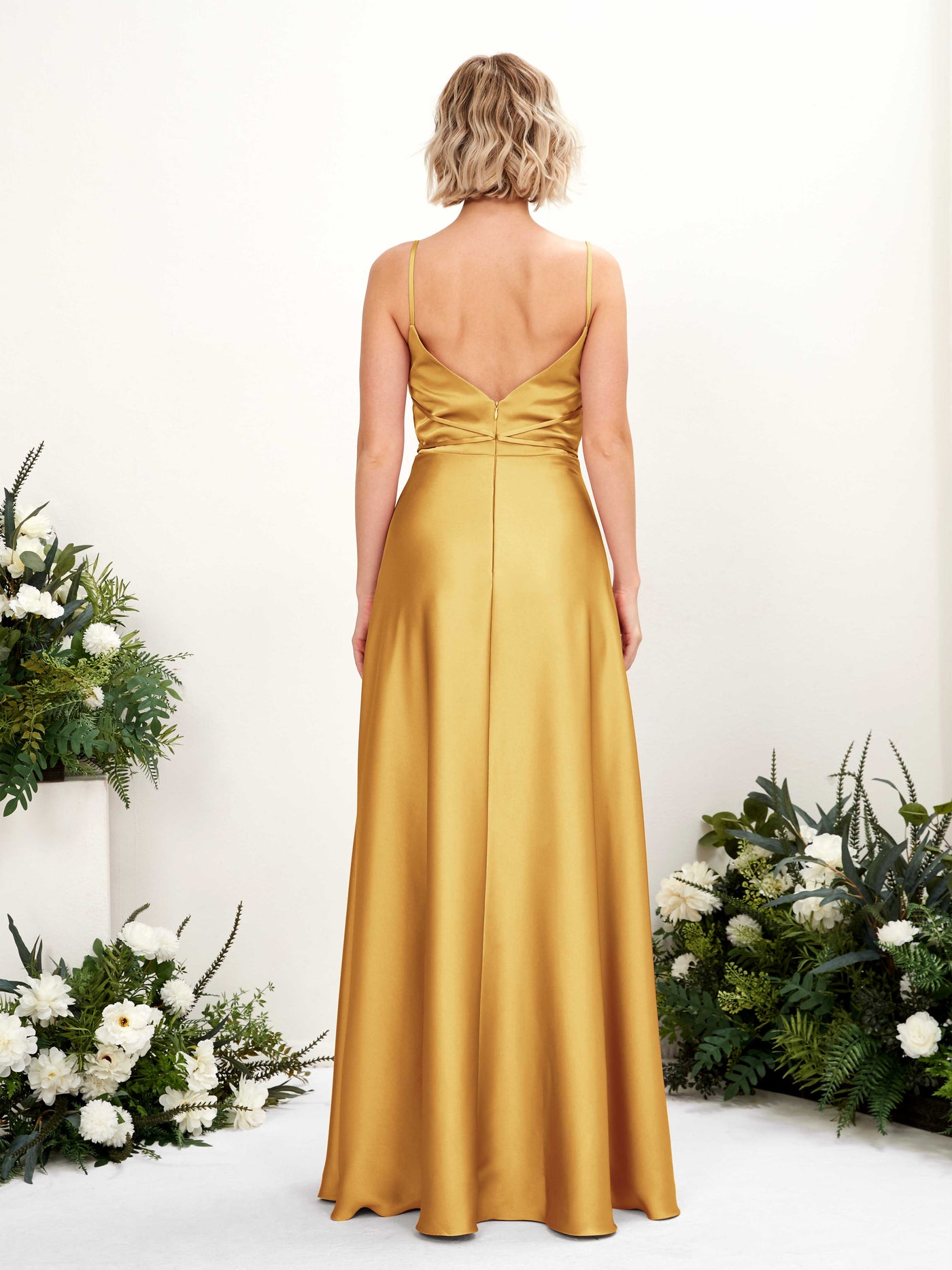 A-line Open back Straps Sleeveless Satin Bridesmaid Dress - Canary (80223131)#color_canary