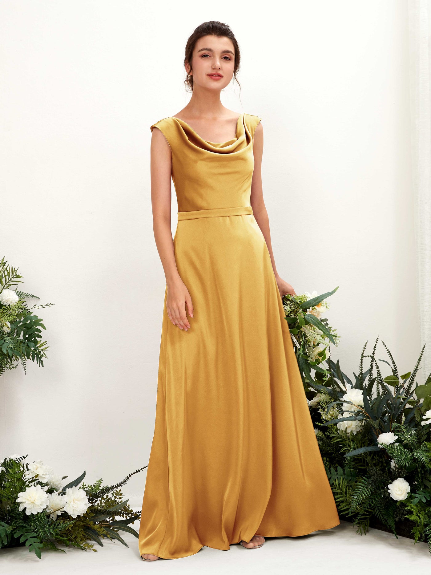 A-line Scoop Sleeveless Satin Bridesmaid Dress - Canary (80221231)#color_canary