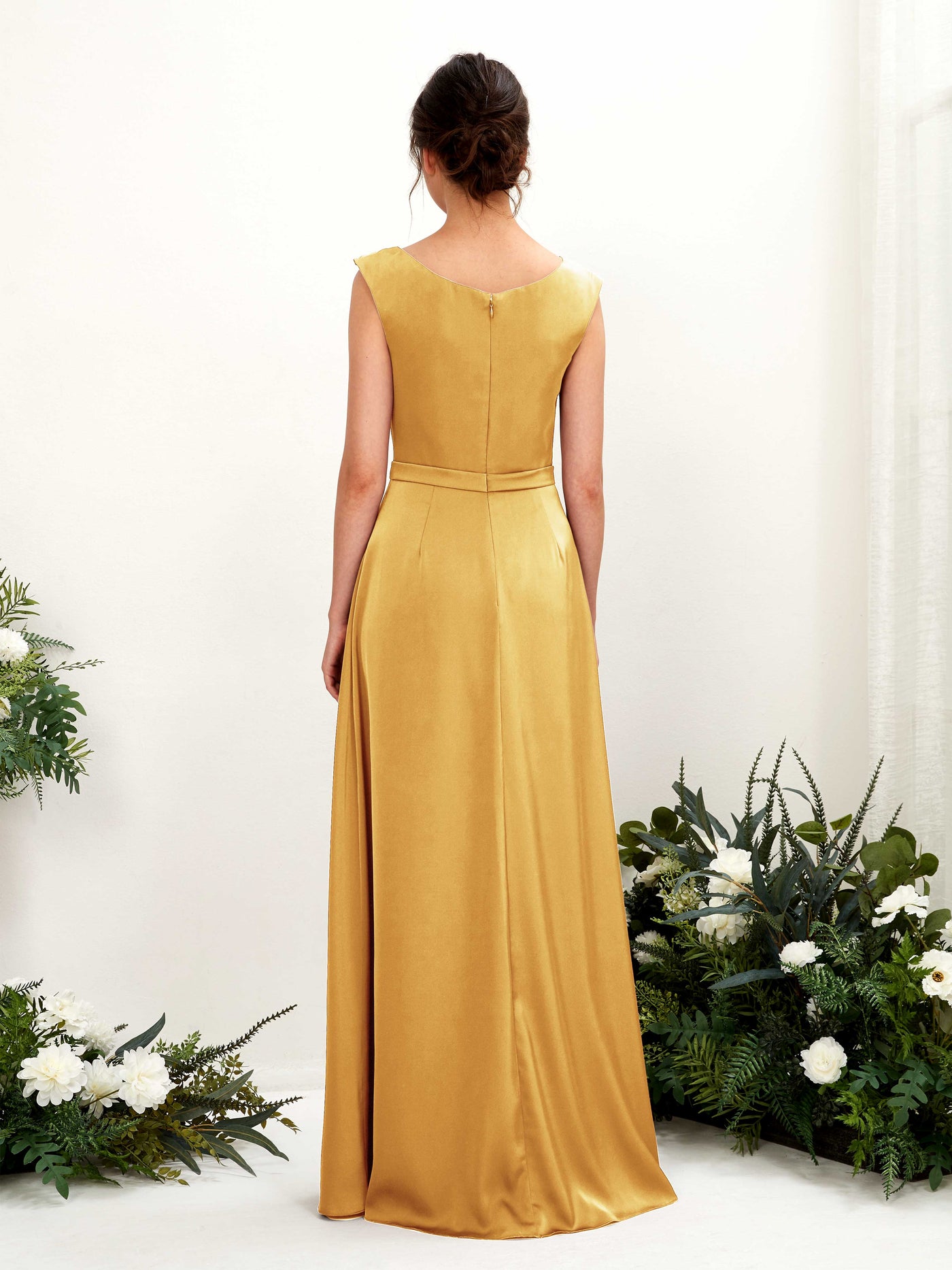 A-line Scoop Sleeveless Satin Bridesmaid Dress - Canary (80221231)#color_canary
