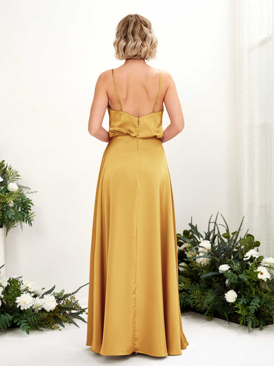 Carlyna Nora A-Line Canary Satin Bridesmaid Dress Maxi Sleeveless V-Neck Dress Back View #color_canary