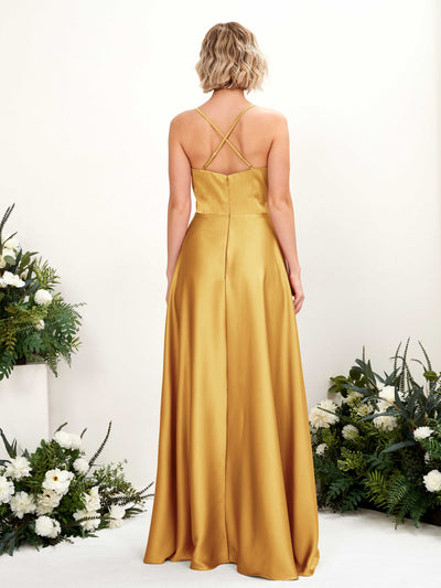 Carlyna Lenoya A-Line Canary Satin Bridesmaid Dress Maxi Sleeveless V-Neck Dress Back View #color_canary