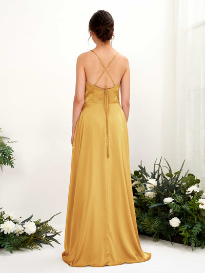 Carlyna Theresa A-Line Canary Satin Bridesmaid Dress Maxi Sleeveless Cowl Neck Dress Back View #color_canary