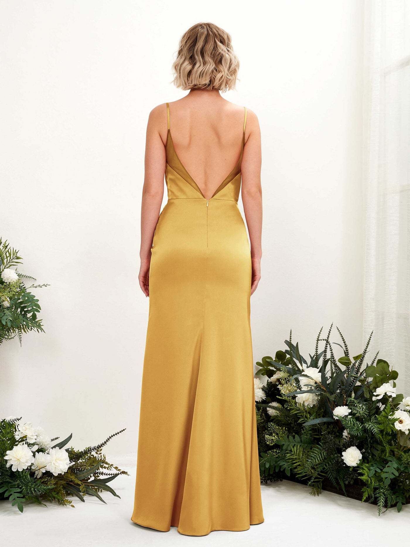 Open back Sexy Slit Spaghetti-straps Satin Bridesmaid Dress - Canary (80222631)#color_canary