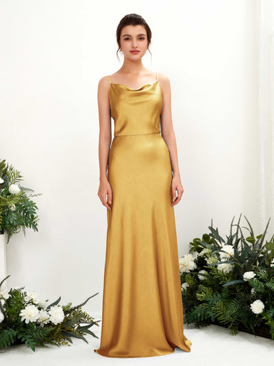 Carlyna Flora A-Line Canary Satin Bridesmaid Dress Maxi Sleeveless Cowl Neck Dress Front View #color_canary