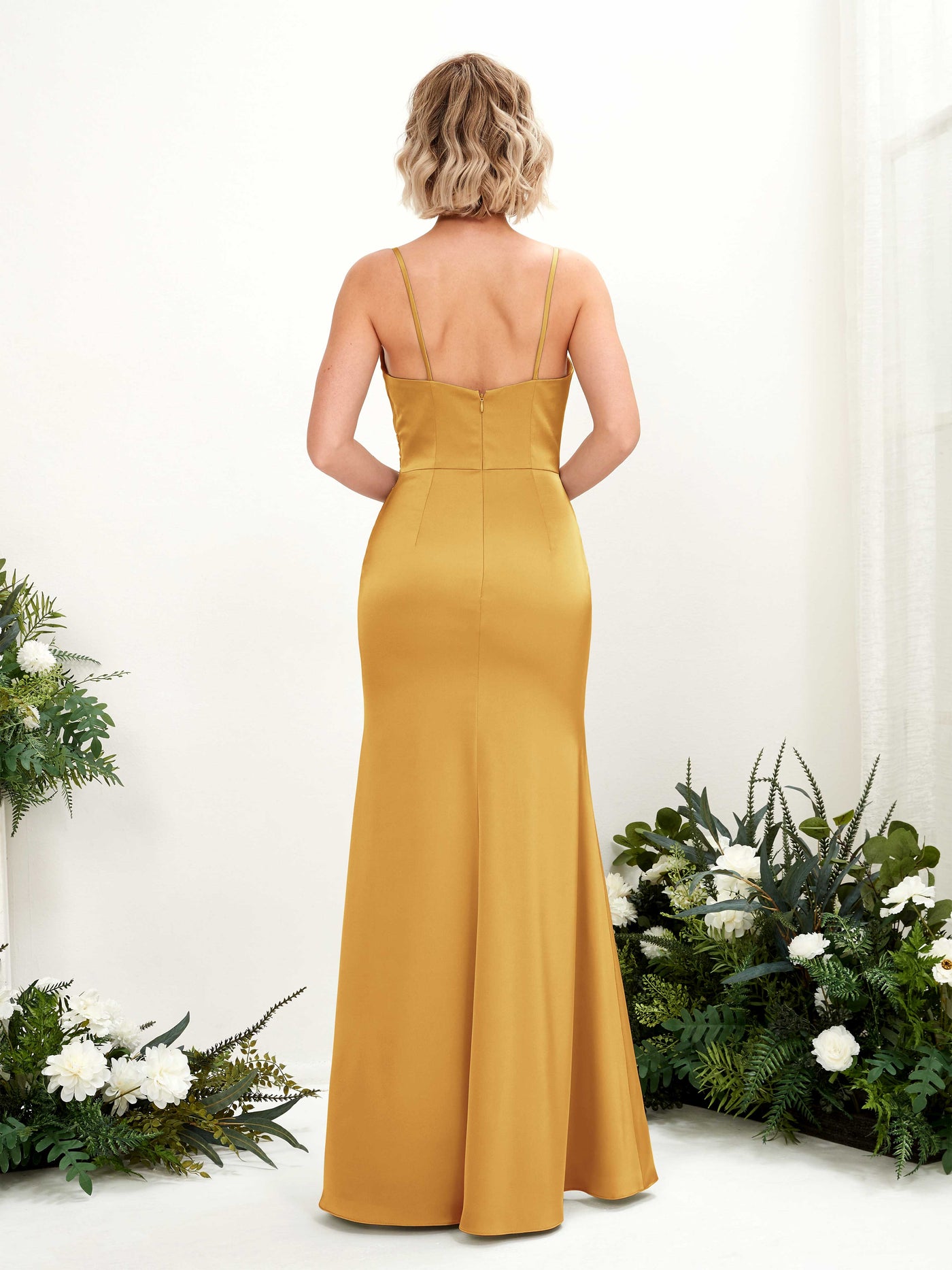 Open back Spaghetti-straps Sweetheart Satin Bridesmaid Dress - Canary (80223231)#color_canary