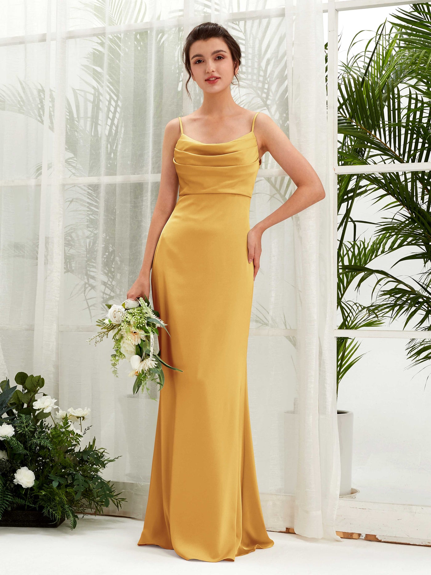 Open back Straps Sleeveless Satin Bridesmaid Dress - Canary (80221731)#color_canary