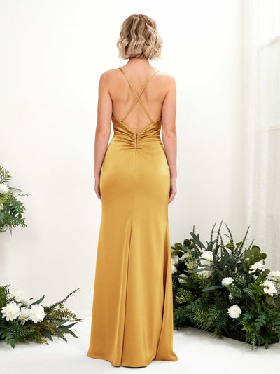 Carlyna Regina Mermaid Canary Satin Bridesmaid Dress Maxi Sleeveless Cowl Neck Dress Side View 2 #color_canary