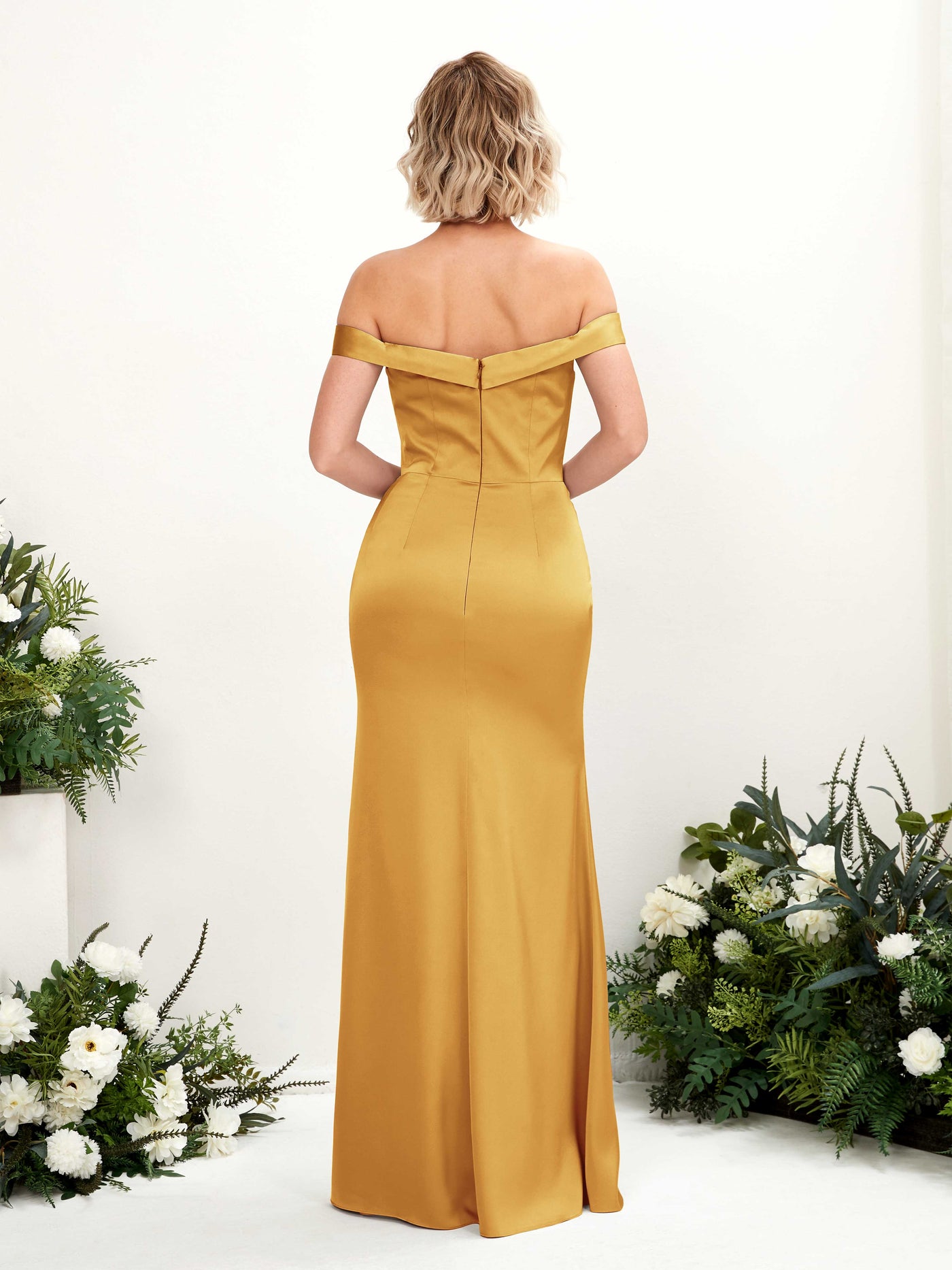 Sexy Slit Off Shoulder Sweetheart Satin Bridesmaid Dress - Canary (80223831)#color_canary