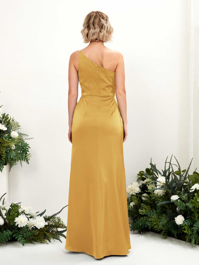 Carlyna Hedy Sheath Canary Satin Bridesmaid Dress Maxi Sleeveless One Shoulder Dress Back View #color_canary